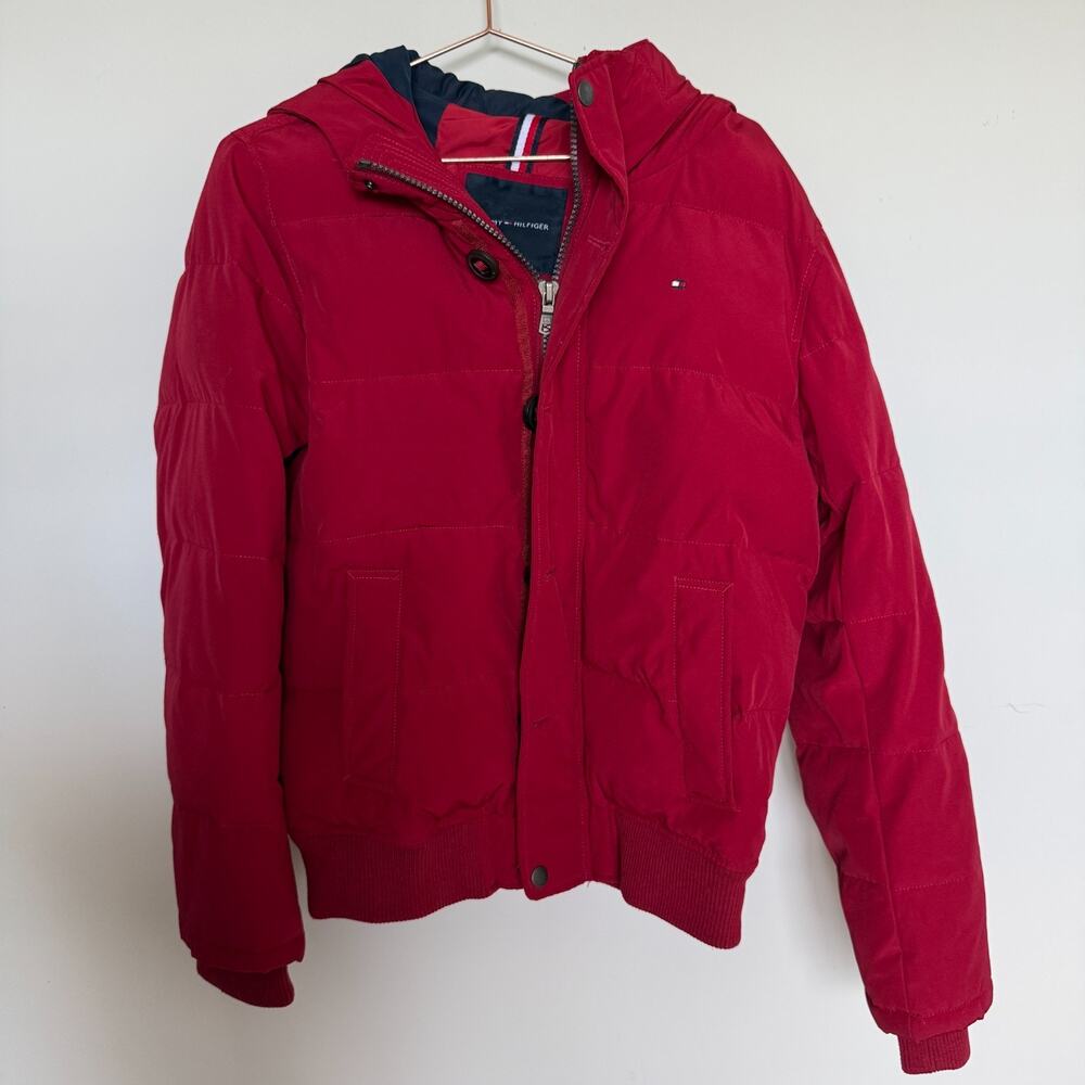 Tommy Hilfiger Mens Puffer Jacket Small Red Hooded Winter Zip Snap Front Closure